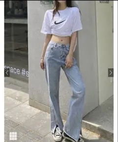 GRLフロントスリットハイウエストデニムパンツ Lサイズ ライトブルーcu300