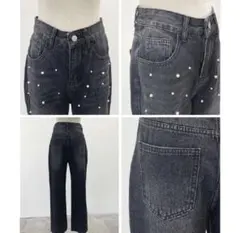 ブラックデニム　　パール付きデニム　パール付き　デニム　ストレートデニム