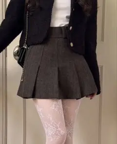 VISCO プリーツヘリンボーンウールミニスカート deep brown