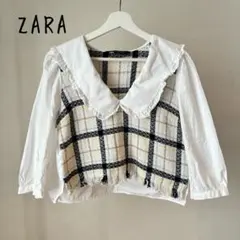 ZARA ザラ ショート丈 フリル襟 異素材 チェック柄 七分袖 シャツ