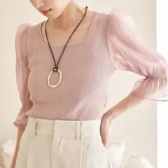 VIS オーガンジースリーブ リブニット ピンク パフ袖 春トップス 美品のサムネイル