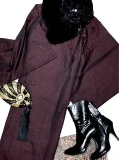 【NEW】美品♡ ヒョウ柄の様なかっこいい柄 ボルドー×黒 ロングの道行コート