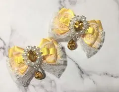 量産型 ヘアクリップ 姫リボン♡ゆらゆらビジュー×イエロー♡