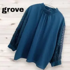 【grove】袖レース 切替 ブラウス ハイネック 長袖 プルオーバー