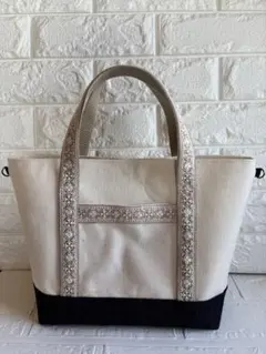 インド刺繍リボン×11号帆布　切り替えトートバッグ