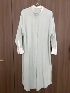 しまむら バンドカラー　ストライプロングシャツワンピース M ミントグリーン