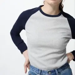 UNIQLO ソフトリブT 長袖　ラグラン　ネイビー×グレー XL