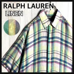 3955【人気リネン素材】ラルフローレン ポニー刺繍ロゴ チェック柄 半袖シャツ