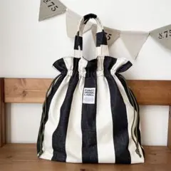 ストライプ【Mサイズ】巾着トートバッグ　ハンドメイド