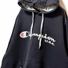 チャンピオンChampion ロゴ スウェットパーカー ブラック黒XL古着USA