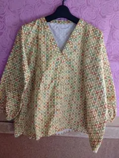 手作り七分袖シャツ イエロー系パターン