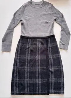 INDIVIニットワンピース グレー・ネイビー チェック