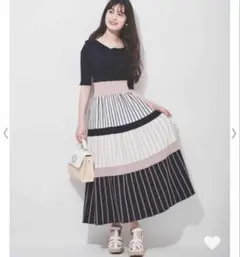 【31 Sons de mode】ボウタイ配色ニットフレアワンピース