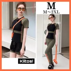 No6901 M 【高品質】 半袖 カーキ ラッシュガード 3点セット 水着