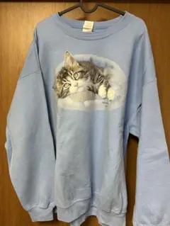 【9/27まで‼️】　猫プリント 水色 オーバーサイズトレーナー
