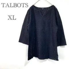 タルボット 刺繍ブラウス 【XL】7分袖 チュニック 黒 レース 透け感 綿
