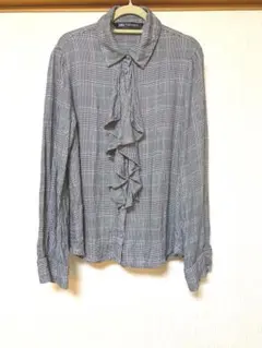 ZARA フリル チェック 長袖ブラウス グレー