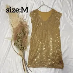 【M】ゴールド スパンコール ノースリーブワンピース ミニワンピース パーティ