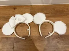 ホワイト ミッキー耳カチューシャ リボン付きセット
