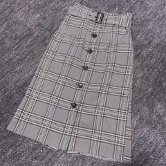 オペークドットクリップ チェック柄タイトスカート グレー ベルト付き ボタン 春