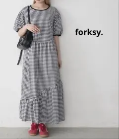 【forksy.】 ギンガムチェックパフスリーブ ティアードワンピースのサムネイル