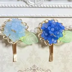 【紫陽花のポニーフックセット】ハンドメイド　ビーズ　夏　爽やか　かわいい　梅雨