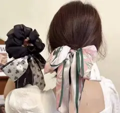 リボン付き黒ヘアゴム・可愛いリボンデザインのシュシュ　2点セット