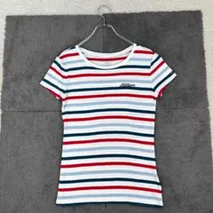 トミーヒルフィガー【S】白 マルチボーダー 半袖Tシャツ ロゴ刺繍 綿100％