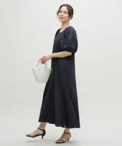 リネン　タックスリーブ　マーメイド　ワンピース　ネイビー　ナノユニバースのサムネイル