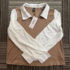 Dazy 長袖ポロシャツ L ベージュ/ホワイト