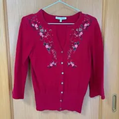 LAURA ASHLEY 赤 刺繍 七分袖カーディガン