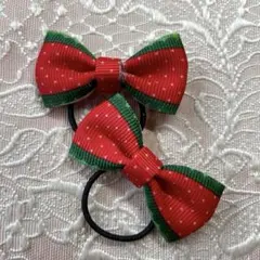 クリスマス赤と緑のリボン ヘアゴム 2個セット