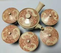 陶器製赤い花柄急須と湯飲みセット