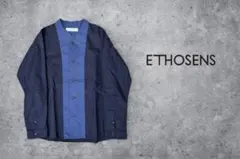 ETHOSENS 切替デザイン ノーカラーシャツ　ネイビー　モノトーンのサムネイル
