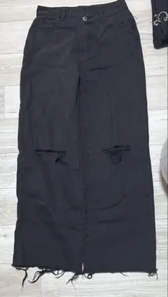 ブラック ダメージ加工 ワイドパンツ