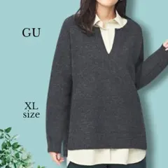ジーユー GU パフィータッチキーネックセーター ニット グレー XL