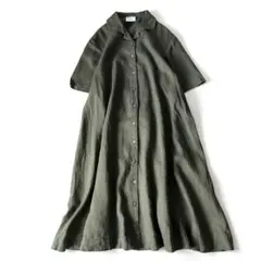 美品 yuni ユニ リネンワンピース カーキ 麻100% 半袖 ゆったりF