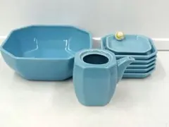 陶器製　中鉢　鉢皿　小皿　醬油差し　7点セット　刺身セット　スカイブルー　水色