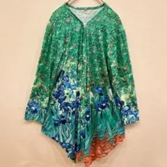 美品✨️【L】長袖カーディガン 羽織り 緑　フラワー 花柄 レディース　海外輸入