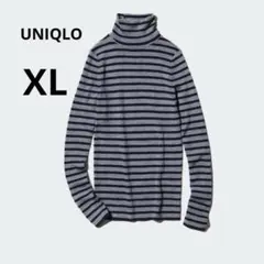 美品 UNIQLO XL ボーダー リブタートルネックセーター ニット グレー