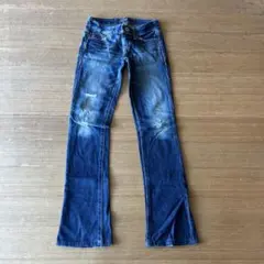 moussyダークブルー ブーツカットデニム ダメージ加工 ウォッシュ加工