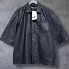 ZARA フェイクレザー 半袖シャツ シャツジャケット ボックスシルエット黒XLのサムネイル