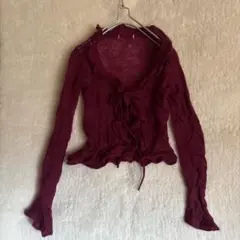 ワインレッド 透け感 ニット リボン フリル袖 Mサイズ