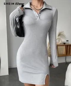 グレー 長袖ポロシャツワンピ M