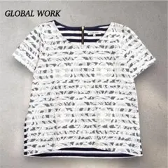 グローバルワーク カットソー 【M】花柄レース ボーダー バックジップ 半袖