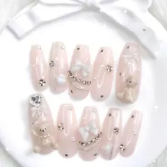 415現品ネイルチップ　フレンチガーリー　ワンホン　量産型　ピンク　くま　白