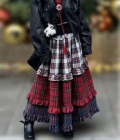 三段チェック柄フリルロングスカート　ホワイト×レッド×ネイビー　M〜L