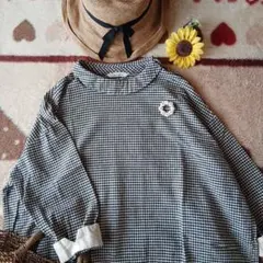 エッグママさま専用♡bluewillow♡ロール襟と肩ボタン綿麻ギンガムブラウス