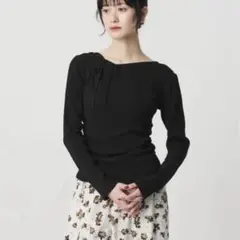 BEAUTY&YOUTH コットンリブ　リボンギャザーカットソー