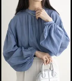 美品☆ディスコート☆袖ボリュームシアーブラウス☆くすみブルー